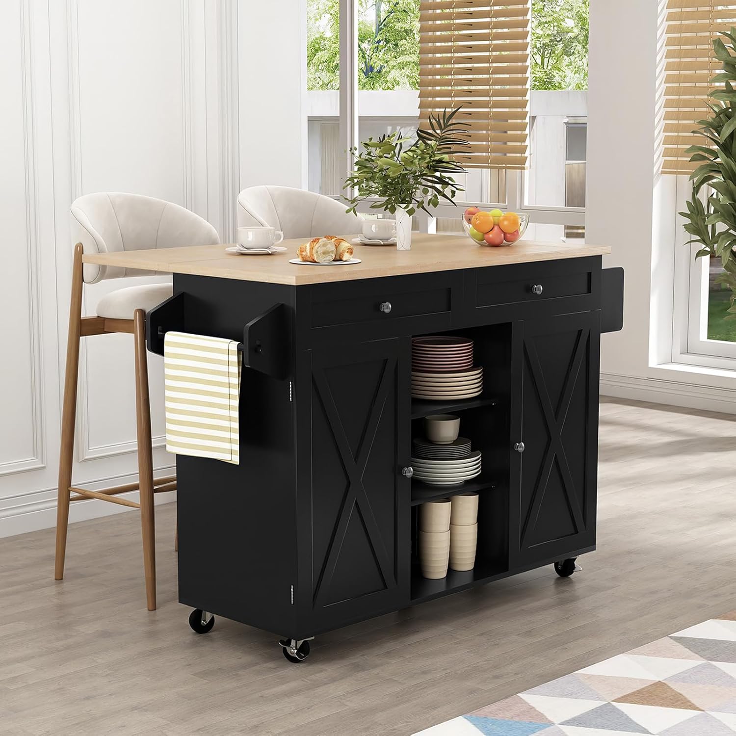 HLR Kitchen Island On Wheels, Rolling Kitchen Island Cart with Drop Leaf Countertop, Barn Door Kitchen Island Table with Storage Cabinet and Tower Rack, Island Table for Kitchen and Dining Room