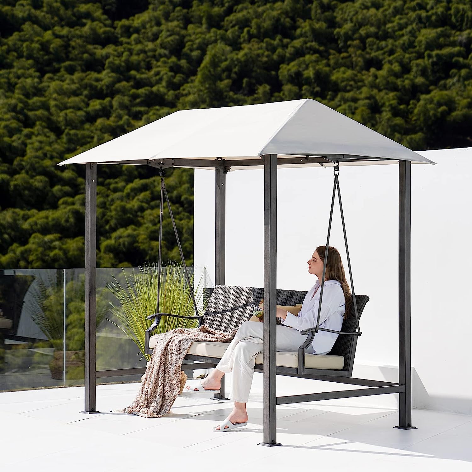 Grand Patio Outdoor Porch Swing 3-Seat with Canopy and Removable Cushion for Garden, Backyard, Poolside, Weather Resistant Powder Coated Steel, Beige