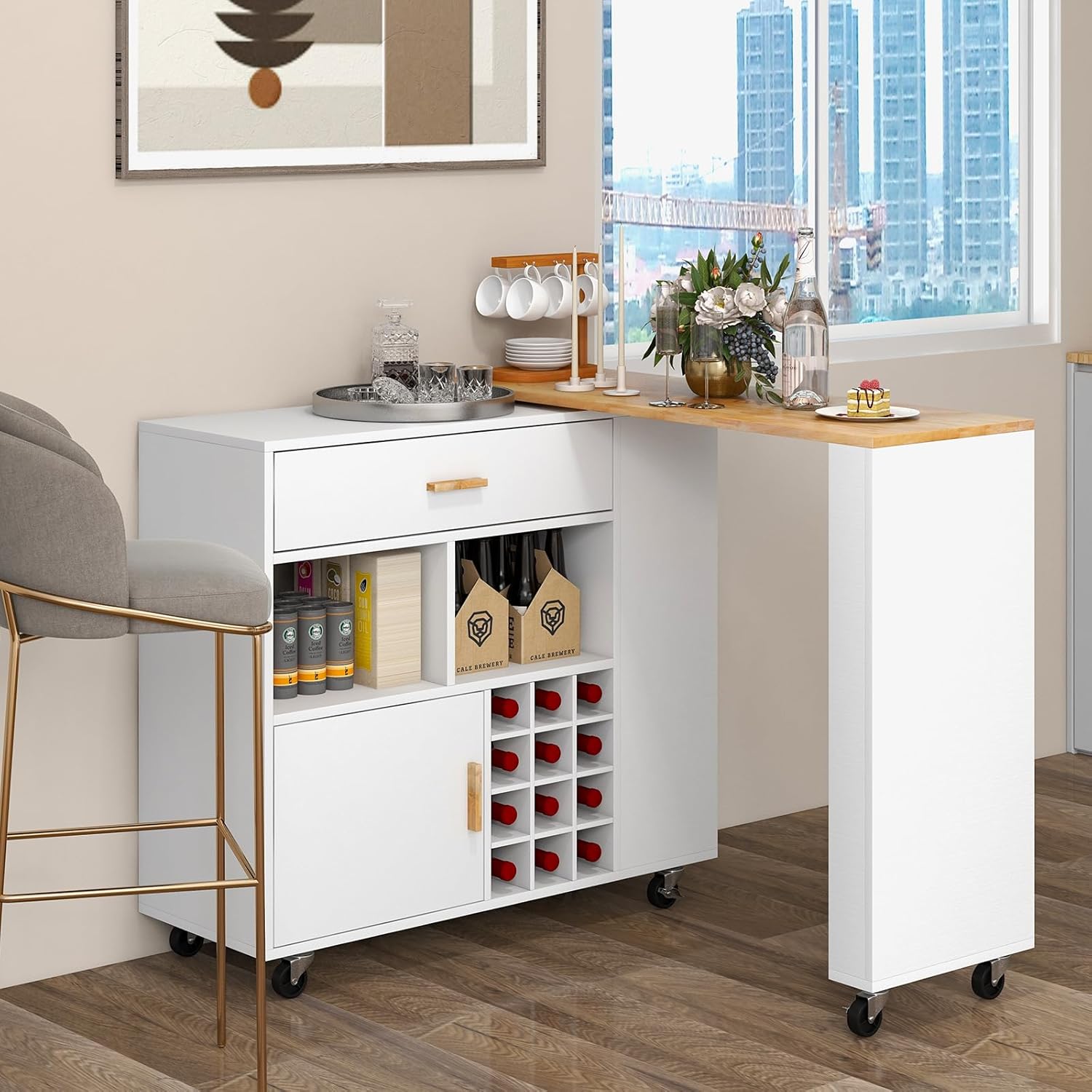 LOKO Kitchen Island Cart on Wheels, Rolling Storage Cart with Rubber Wood Top, Adjustable Shelf, 12-Bottle Wine Rack, Spice Rack, 2-in-1 Reversible Serving Cart Bar Table Combo for Dining Room, White