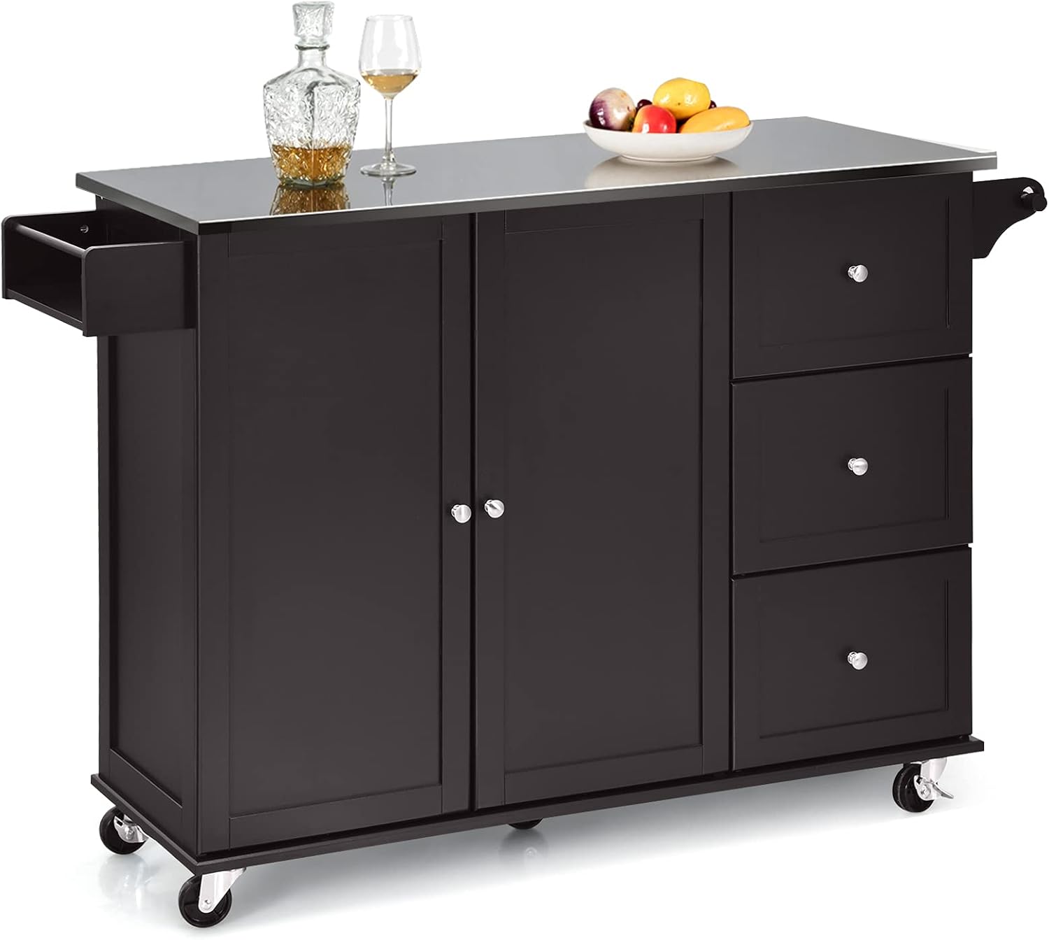 Giantex Kitchen Island with Stainless Steel Countertop, Kitchen Cart Rolling Trolley with Towel Holder and Spice Rack, 3 Drawers, Adjustable Shelves, 2-Door Cabinet, Ample Storage Table (White)