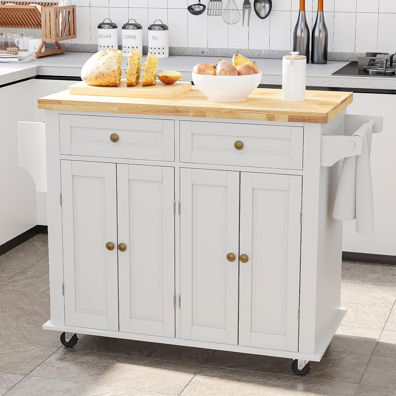 Rolling Kitchen Island with Drop Leaf – Movable Kitchen Carts on Wheels Island with Storage Cabinet, Island Table for Kitchen with Rubber Wood Top and Rack and Drawers, Matte, White