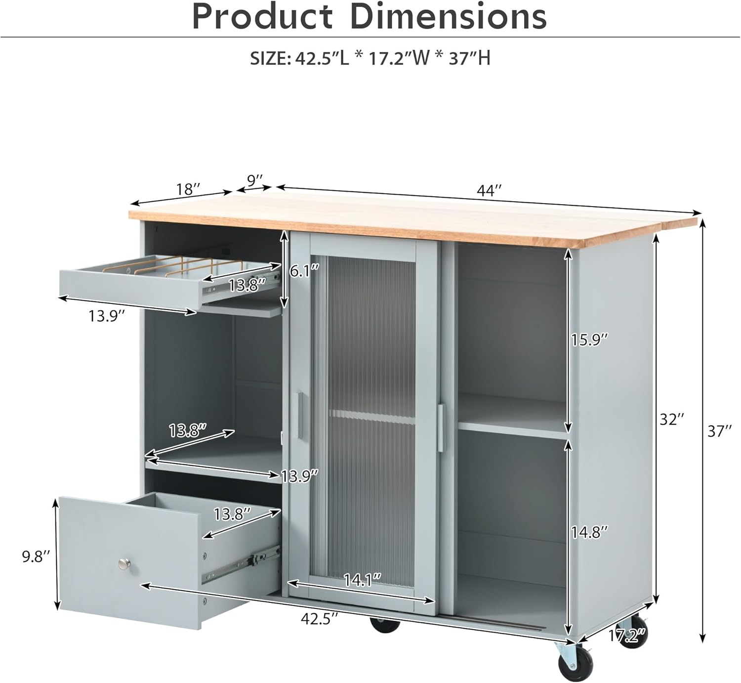 Lovtimber Kitchen Island on Wheels with LED Light, Kitchen Cart w/Drop Leaf, 2 Fluted Glass Doors and Flip Cabinet Door, Adjustable Shelf, Two Storage Drawers, Gray Blue