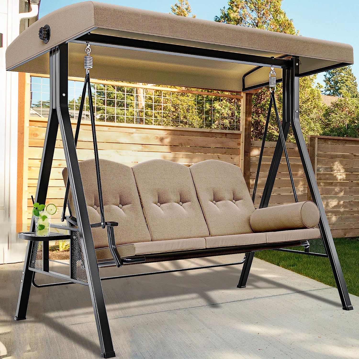 YITAHOME 3-Seat Deluxe Porch Swing Outdoor Heavy Duty Patio Swing Chair with Adjustable Canopy Removable Cushions Weather Resistant Steel Frame Suitable for Garden, Lawn, Backyard, Balcony, Brown