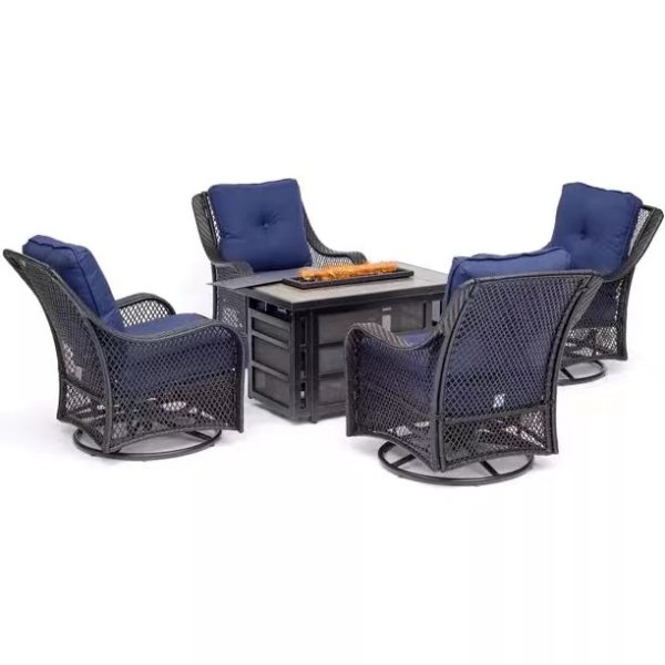 5-Piece Steel Patio Fire Pit Conversation Set with Navy Blue Cushions, Swivel Gliders and Square Fire Pit Table
