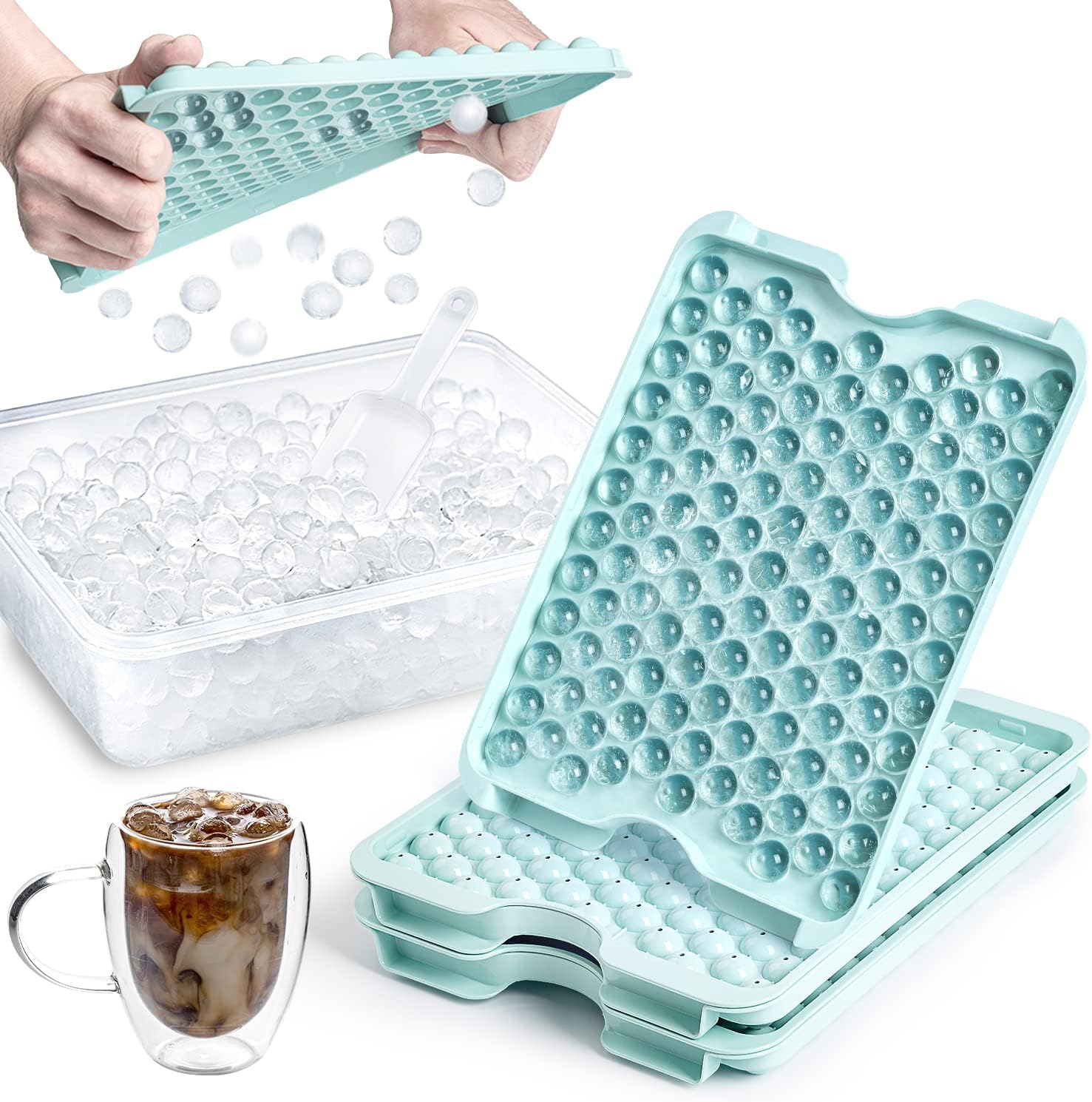 Combler Mini Ice Cube Tray with Lid and Bin, Ice Trays for Freezer 3 Pack, Upgraded 123X3 Pcs Small Round Ice Cube Trays Easy Release, Mini Ice Maker, Crushed Ice Tray for Chilling Coffee Drinks, Bule