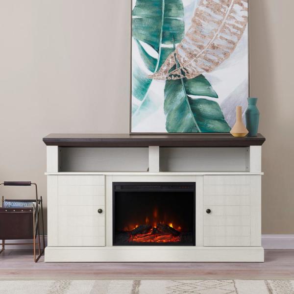 Eliana 60 in. Electric Fireplace TV Stand Console with 23 in. Insert and Remote Control in Dark Oak and White
