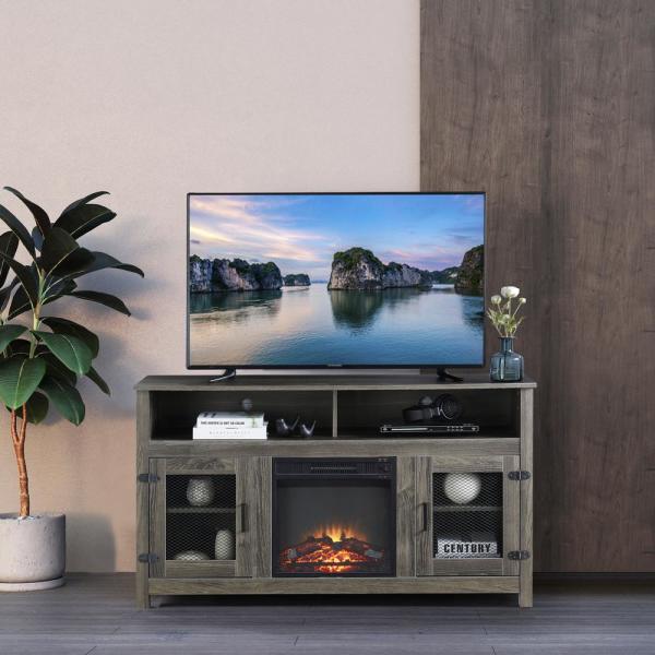 58.25 in. TV Stand Cabinet Sideboard with Electric Fireplace Grey Fits TV's Up to 65 in. with Ajustable Shelves