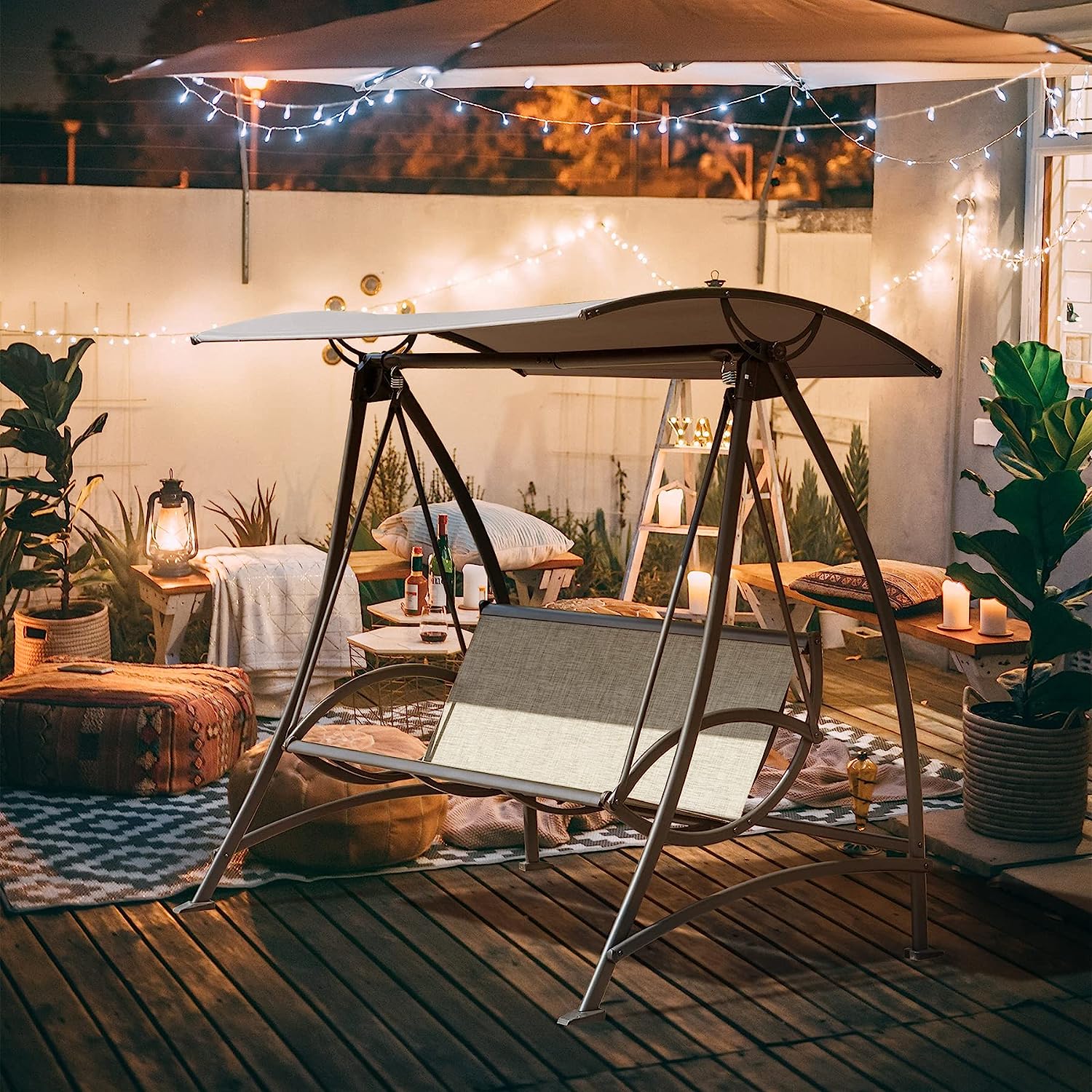 Patio Porch Swing 3 Person Adjustable Canopy Deluxe Hammock Swing Glider with Solar LED Light and 3 Sunbrella Cushions for Outdoor Garden, Balcony, Backyard by Domi outdoor living