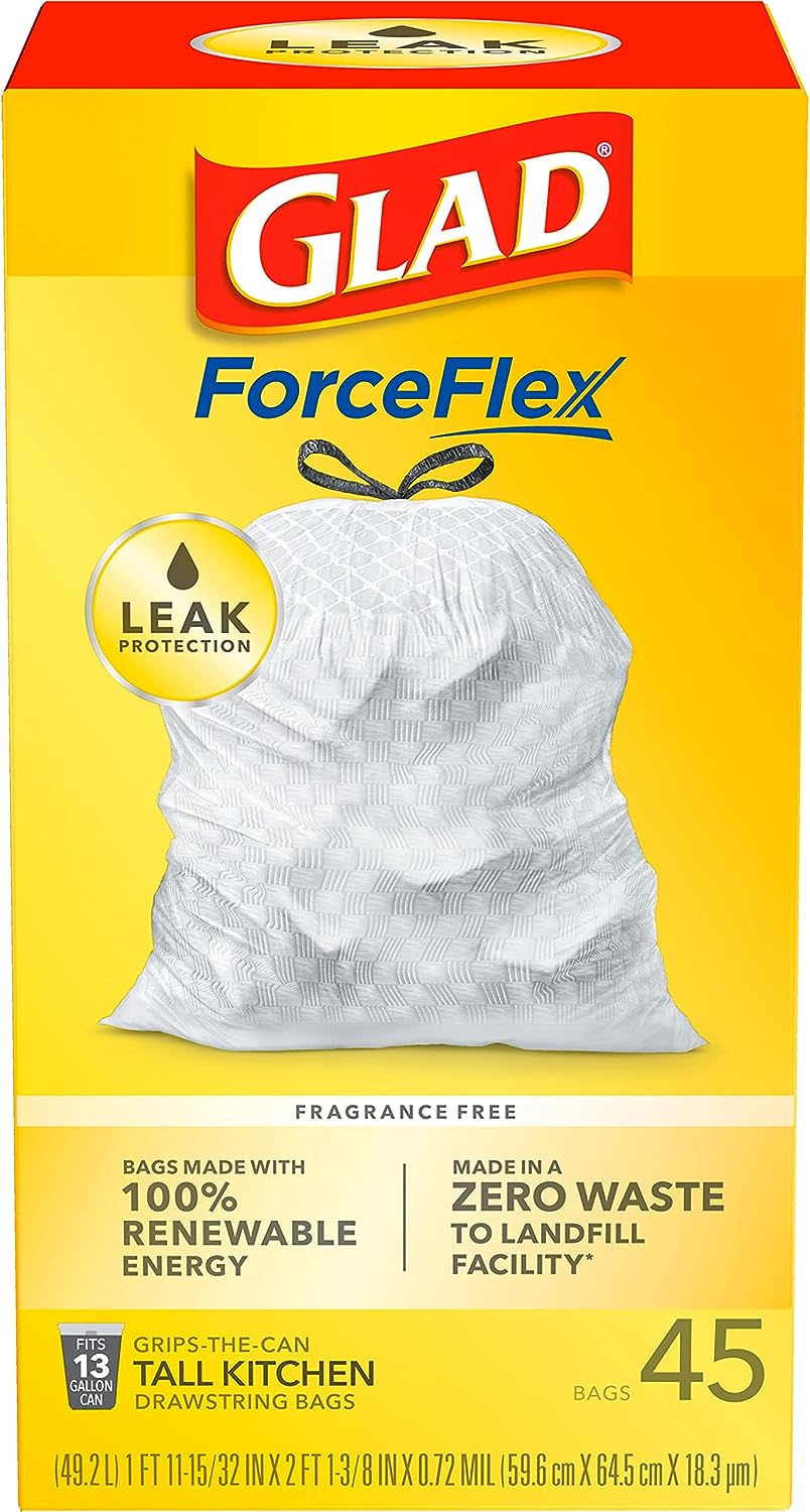 GLAD ForceFlex Tall Drawstring Trash Bags, 13 Gallon White Trash Bags for Tall Kitchen Trash Can, Unscented Leak Protection Bags, 120 Count - Packaging May Vary