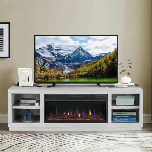 70 in. Saw Cut Off White Fireplace TV Stand for TV Up to 75 in.