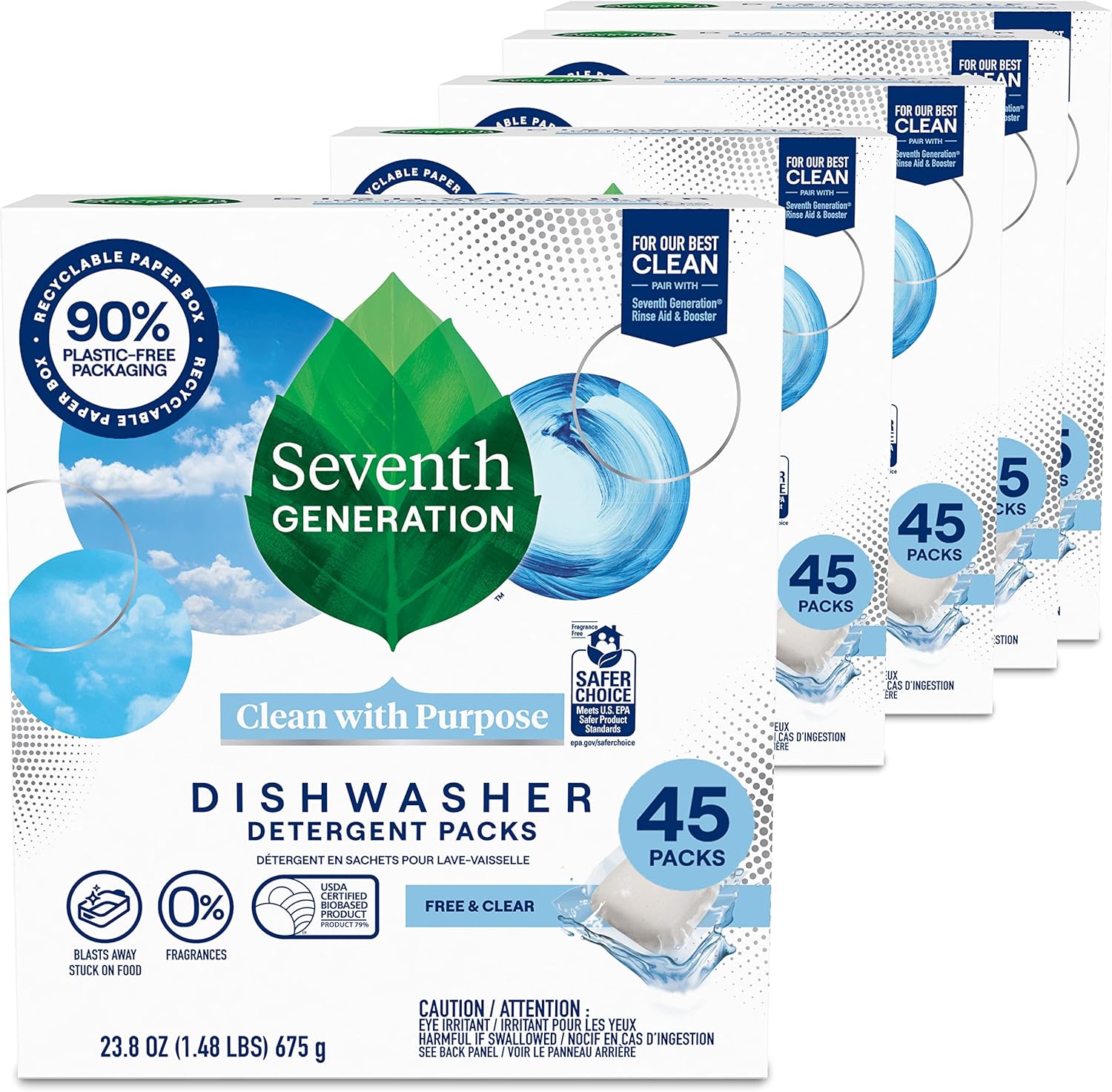 Seventh Generation Dishwasher Detergent Packs for Sparkling Dishes Free & Clear Dishwasher Tabs 45 Count, Pack of 2 (Packaging May Vary)