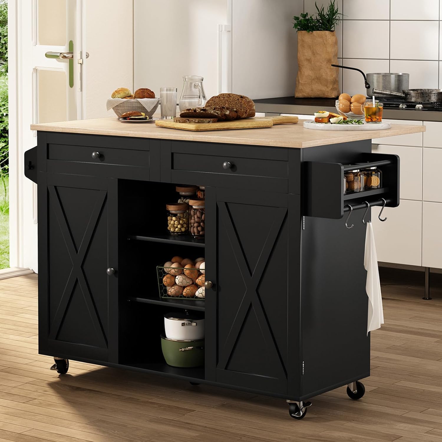 HLR Kitchen Island On Wheels, Rolling Kitchen Island Cart with Drop Leaf Countertop, Barn Door Kitchen Island Table with Storage Cabinet and Tower Rack, Island Table for Kitchen and Dining Room