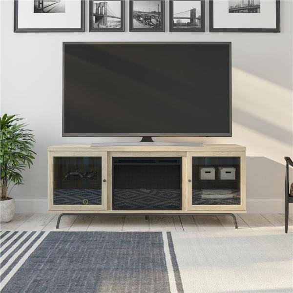 Flicker 64.76 in. Freestanding Electric Fireplace TV Stand in Blonde Oak
