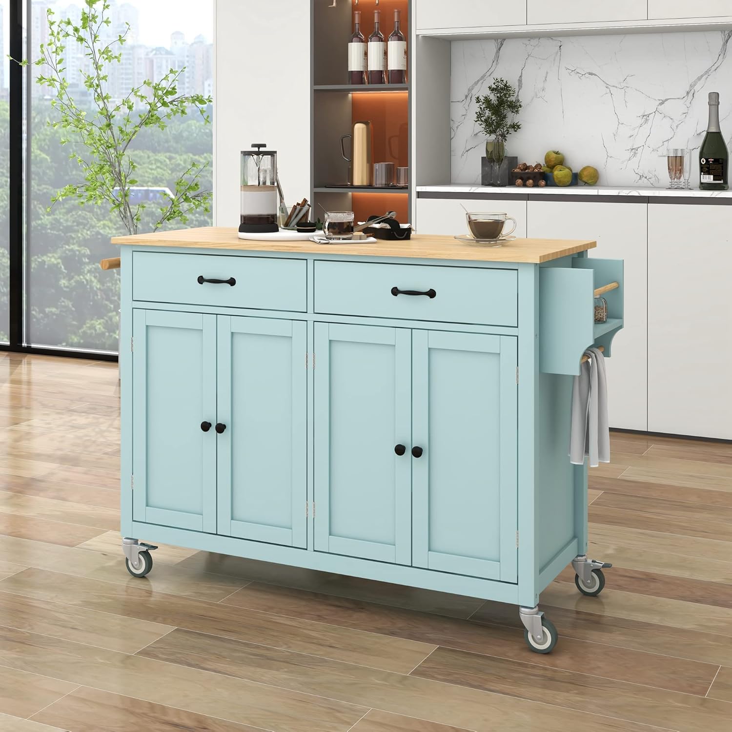 MERITLINE Mobile Kitchen Island with Storage and Wheels, Rolling Kitchen Cart Cabinet with Adjustable Shelves Drawer Spice & Towel Rack and Large Solid Wood Desk Top
