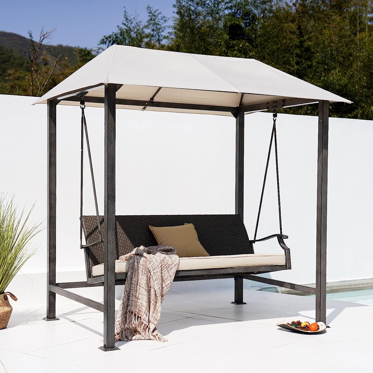 Grand Patio Outdoor Porch Swing 3-Seat with Canopy and Removable Cushion for Garden, Backyard, Poolside, Weather Resistant Powder Coated Steel, Beige