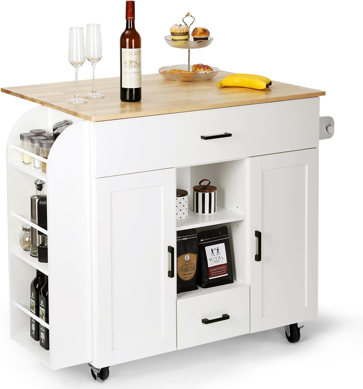VOWNER Kitchen Island with Drop Leaf, Island Table Kitchen with Storage, Solid Wood Countertop Rolling Kitchen Cart, Open Shelves, 2 Drawers & 2 Cabinets, for Kitchen Dinning Room, White