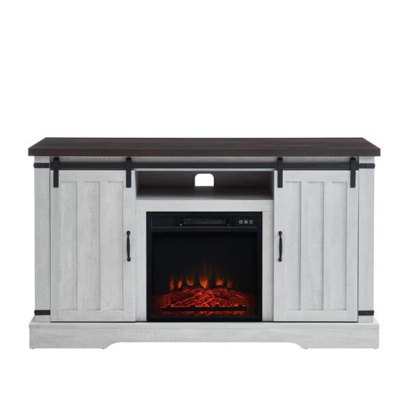 54 in. Freestanding Media Console Electric Fireplace TV Stand with Sliding Barn Door in Stone Gray