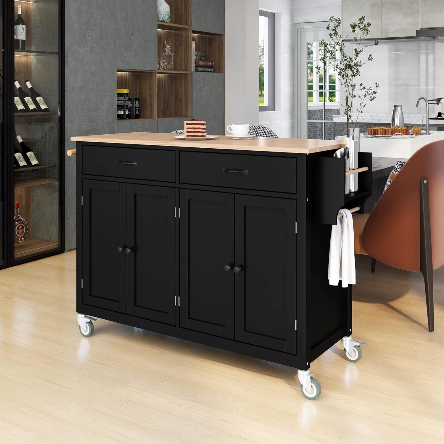 KELRIA Kitchen Cart with Drop-Leaf Countertop, Kitchen Island on 5 Universal Wheels with Open Shelves, Storage Cabinet and 3 Drawers, Large Rubberwood Top Breakfast Bar for Dining Room
