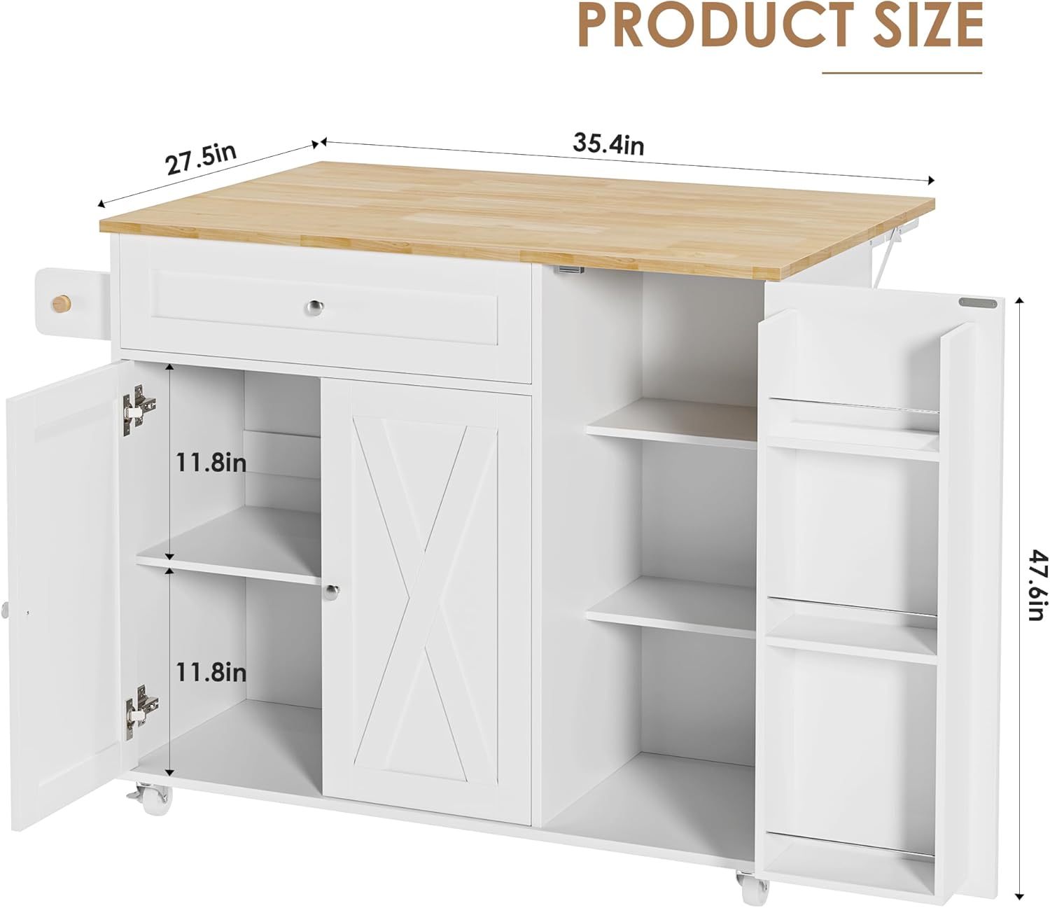 BOTLOG Kitchen Island with Storage, Island Table on Wheels for Kitchen with Drop Leaf, Spice Rack, Drawer, Towel Rack, Rolling Kitchen Island Cart for Dinning Room, White