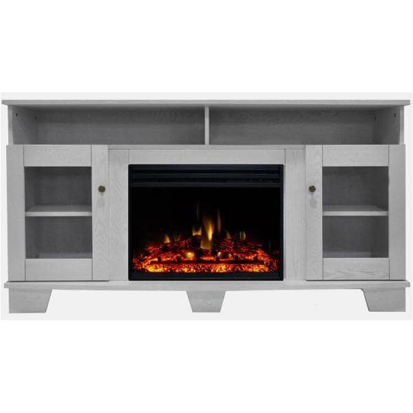 Savona 59 in. Electric Fireplace Heater TV Stand in White with Enhanced Log Display and Remote
