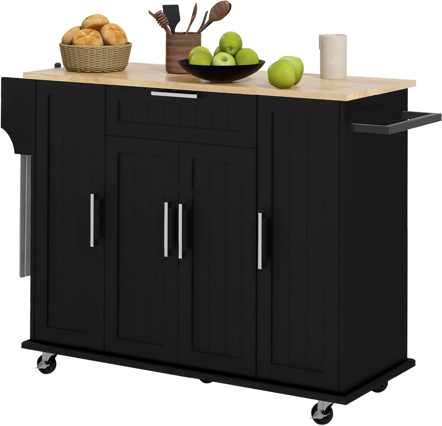 HOMCOM Kitchen Island on Wheels, Rolling Kitchen Cart with Rubberwood Top, Drawer, Spice Rack, Towel Rack, Storage Cabinet with Inner Adjustable Shelves, White