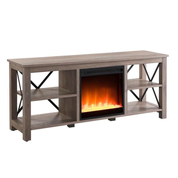 Sawyer 58 in. Gray Oak TV Stand Fits TV's up to 65 in. with Crystal Fireplace Insert