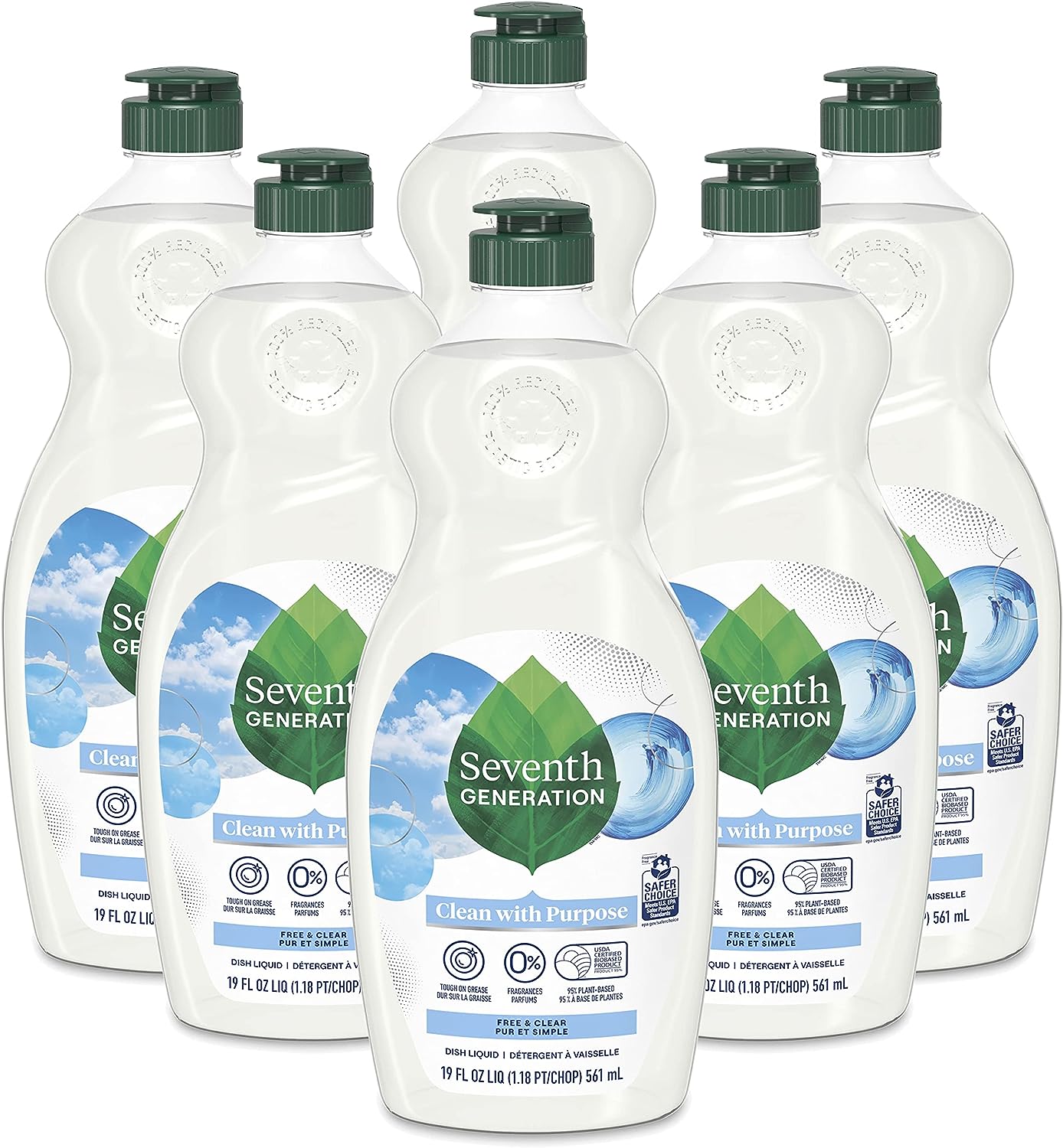 Seventh Generation Dish Soap Liquid, Fragrance Free, 19 oz, Pack of 6