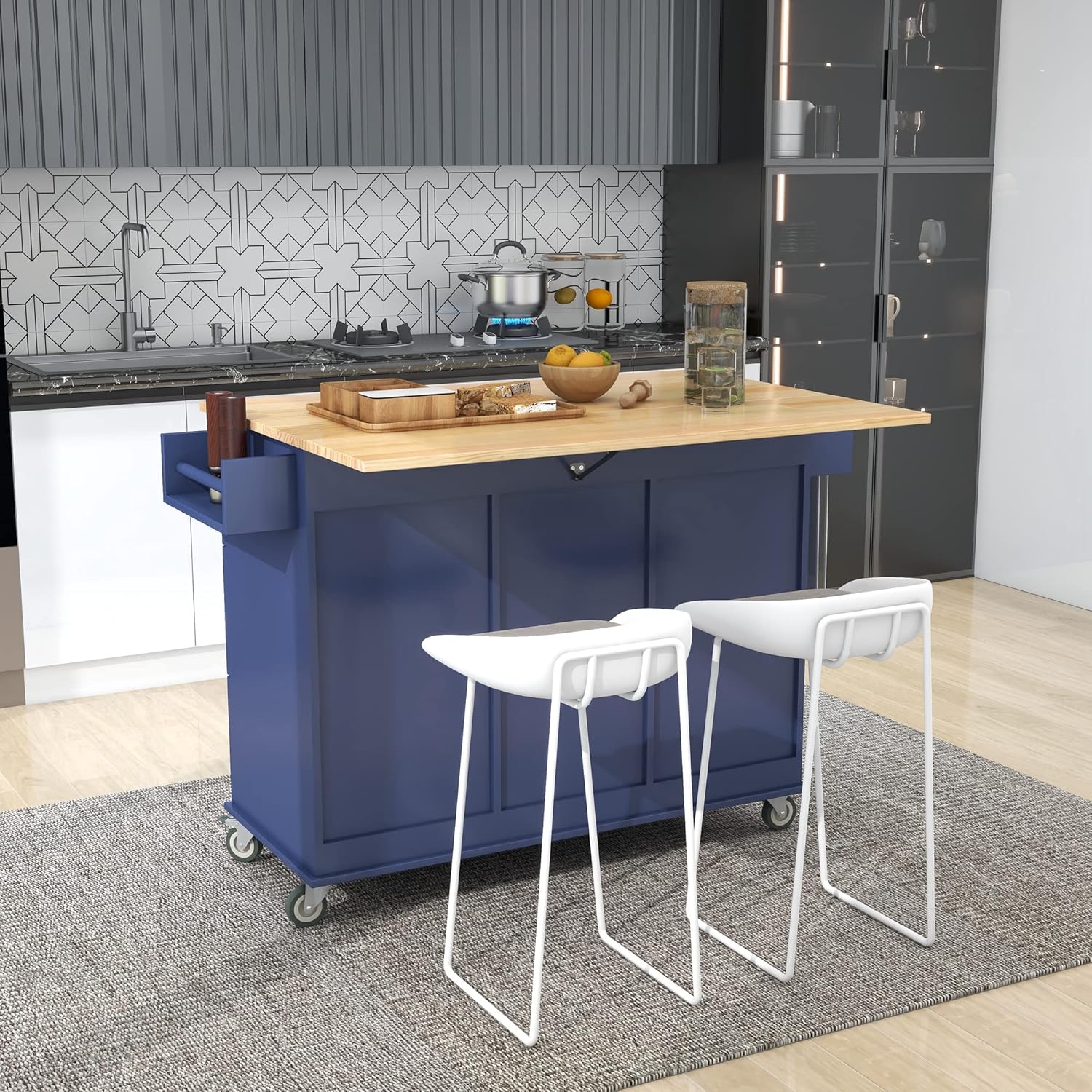 GINGVAT Rolling Mobile Kitchen Island with Locking Wheels,Storage Cabinet and Drop Leaf Breakfast Bar, Kitchen Cart for Home w/Spice Rack,Towel Rack & Drawer,Dark Blue
