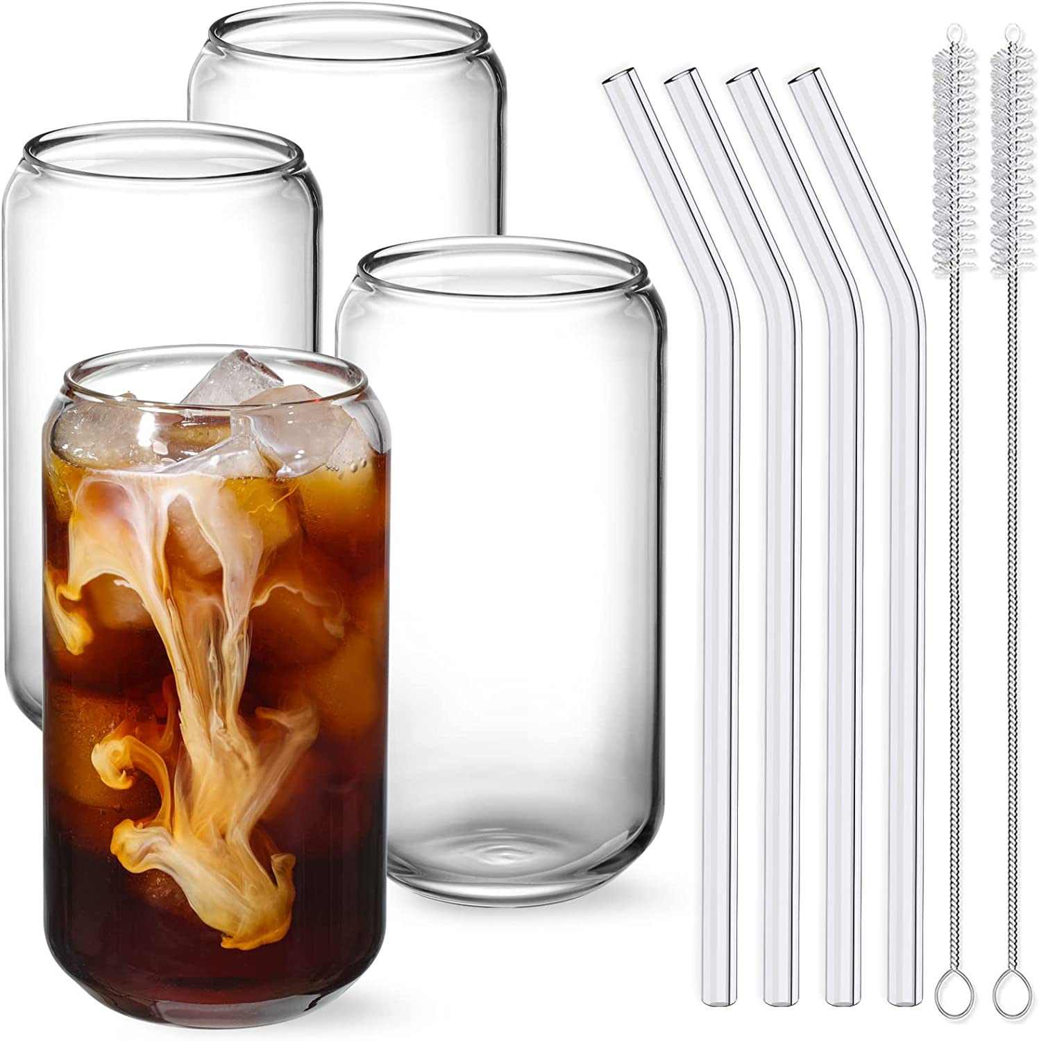 Drinking Glasses with Glass Straw 4pcs Set - 16oz Can Shaped Glass Cups, Beer Glasses, Iced Coffee Glasses, Cute Tumbler Cup, Ideal for Whiskey, Soda, Tea, Water, Gift - 2 Cleaning Brushes