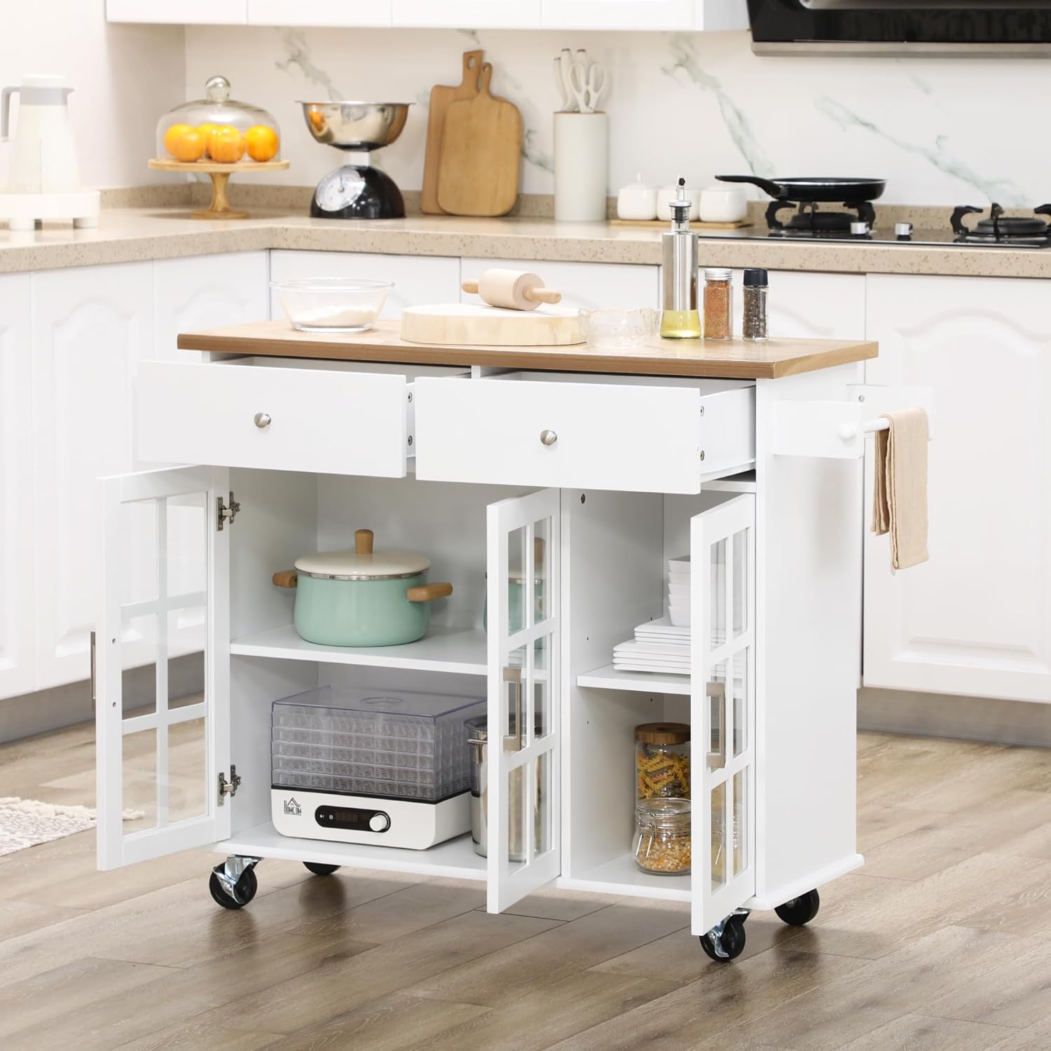 HOMCOM Kitchen Island with Storage, Rolling Kitchen Cart with 2 Drawers, 2 Cabinets, Spice Rack and Towel Rack for Dining Room, White