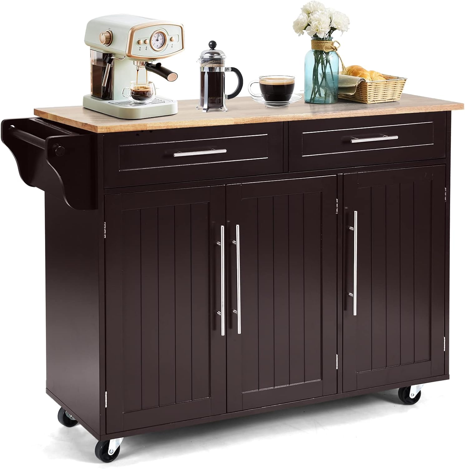 COSTWAY Mobile Kitchen Island Cart, Rolling Storage Trolley with Towel Bar, 2 Deep Drawers, 3 Door Cabinets, Swivel Casters, Rubber Wood Top, Ideal for Kitchen, Dining Room, Restaurant, Cafe (Coffee)