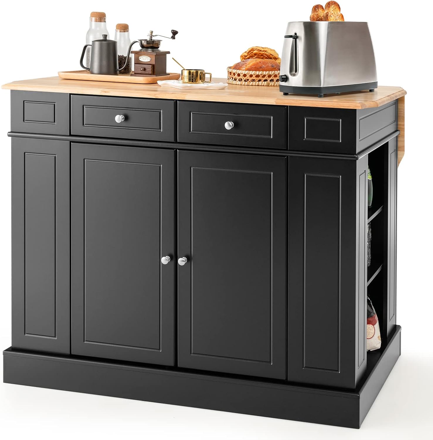 LOKO Kitchen Island with Drop Leaf, Kitchen Storage Cabinet with Rubber Wood Top, 2 Drawers, 5 Adjustable Shelves & Spice Racks, Island Table for Kitchen Home Coffee Bar, 47 x 36 x 36 Inches (Black)