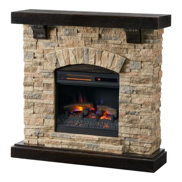 Pembroke 40 in. Freestanding Faux Stone Infrared Electric Fireplace in Tan with Mantel