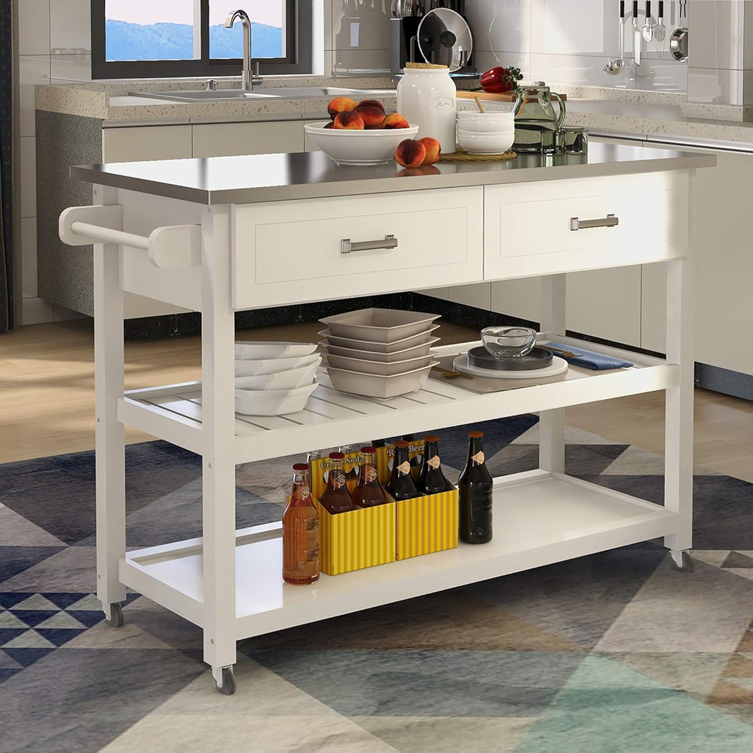 Voohek Kitchen Cart with Stainless Steel Top, Island on Wheels with Drawer and 2-Tier Shelves Towel Rack, Small Storage Trolley, for Dining Room, White