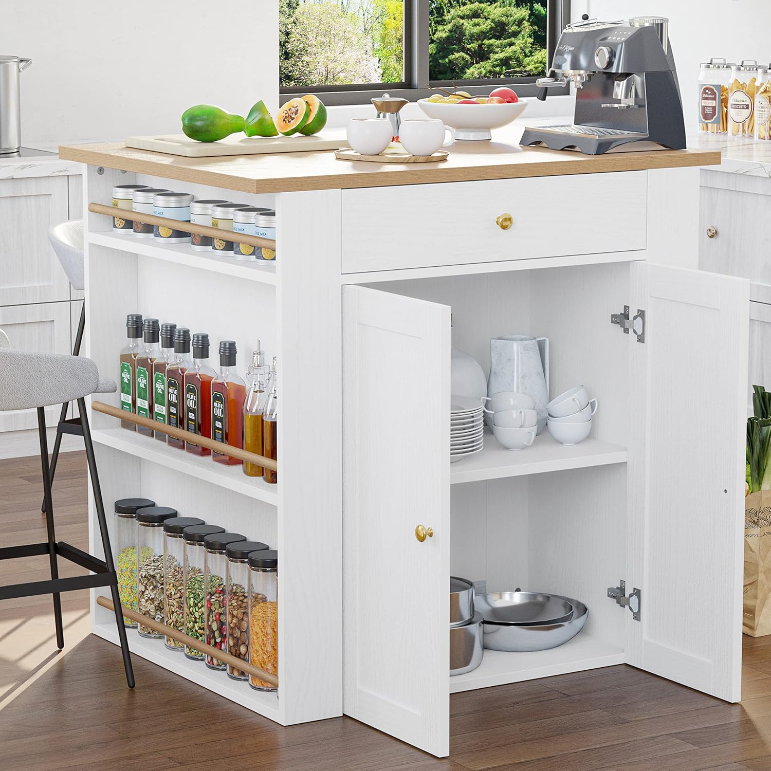 IRONCK Kitchen Island with Storage, Large Organized Storage Space with Power Strip, 2-Door Cabinet and 2 Open Shelves/Dual Side Drawers/5 Open Spice Racks, 29.5