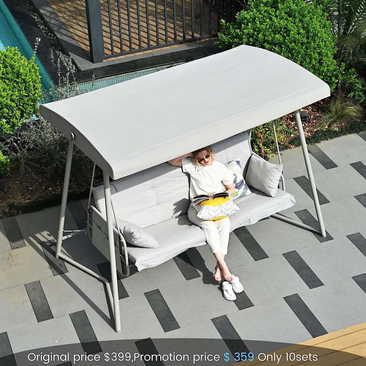 3-Seater Outdoor Convertible Canopy Swing Chair Bench Bed with Comfortable Cushion Seats for Patio Porch Garden