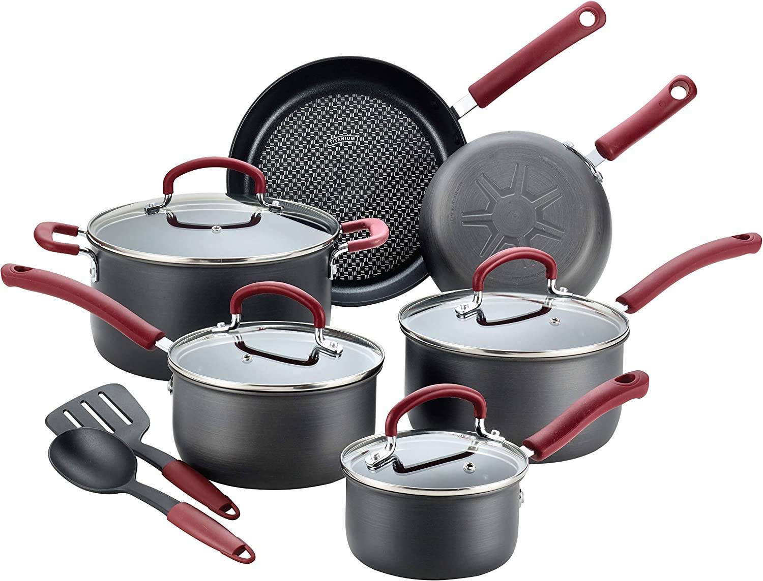 Ultimate Hard Anodized Nonstick Cookware Set 12 Piece Pots and Pans, Dishwasher Safe Red