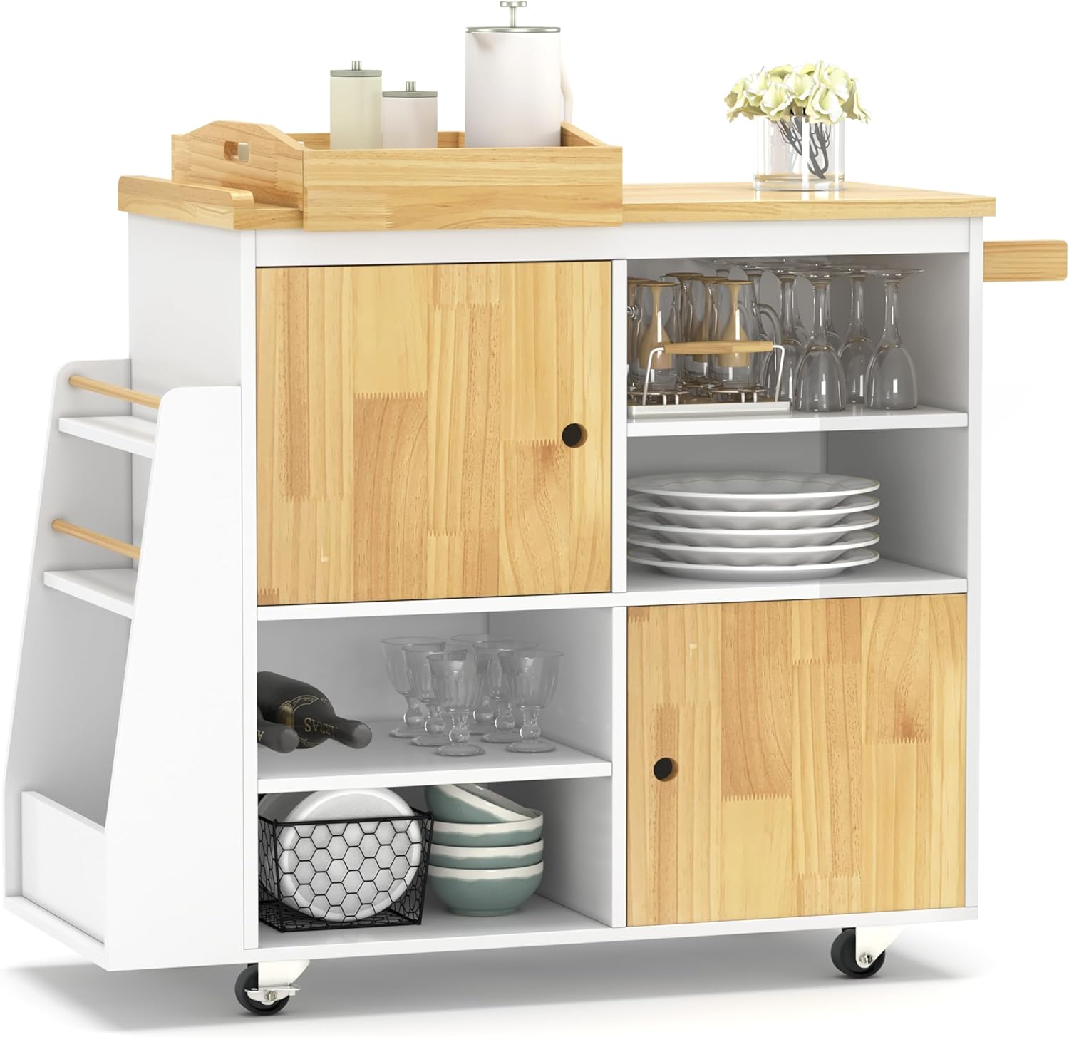 NSdirect Kitchen Island with Storage,Rolling Kitchen Island on Wheels Portable cart Rolling with Spice Racks Towel Holder Utility Trolley with Wood Tray for Home Hotel Kitchen Dinning Room,White