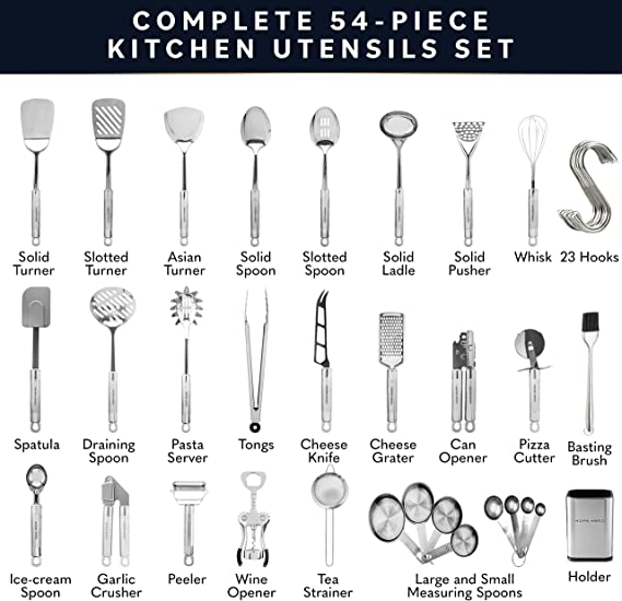 Home Hero Kitchen Utensils Set - Stainless Steel Cooking Utensils Set with Spatula - Kitchen Gadgets & Kitchen Tool Gift 54-pcs Set
