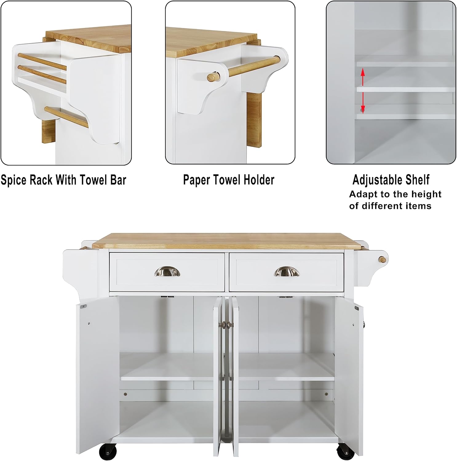 Cambridge Mobile Kitchen Island on Wheels & Wood feet, with Drop Leaf Coffee Bar, Spice Rack,Towel Holder, 2 Storage Drawers and 2 Cabinets, L57.63 x W32 x H36IN, Greenguard Gold Certified (Black)