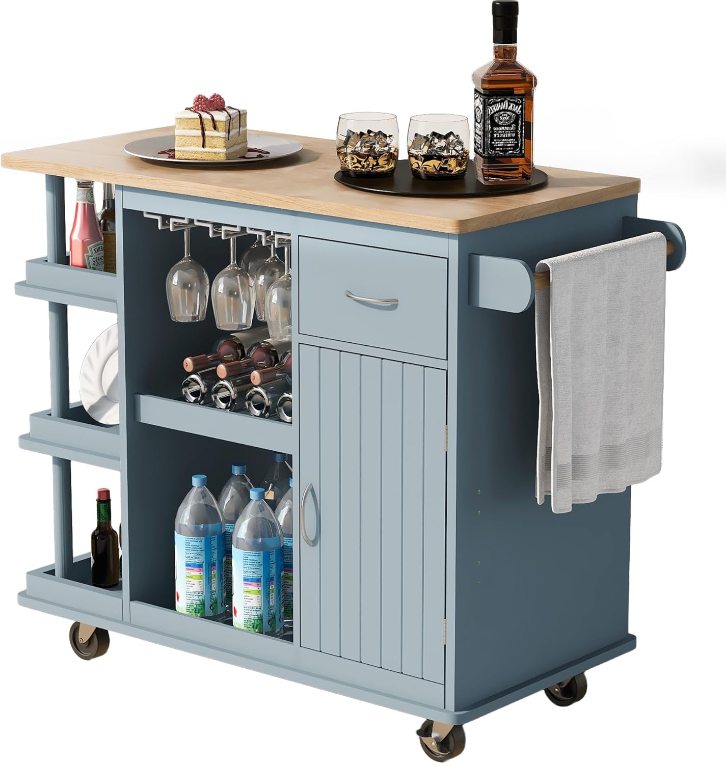 FEELLE Kitchen Island with Power Outlet, Kitchen Storage Cart with Drop Leaf and Rubber Wood, Open Storage and Wine Rack, 5 Wheels with Adjustable Storage for Home, Kitchen, and Dining Room, Blue