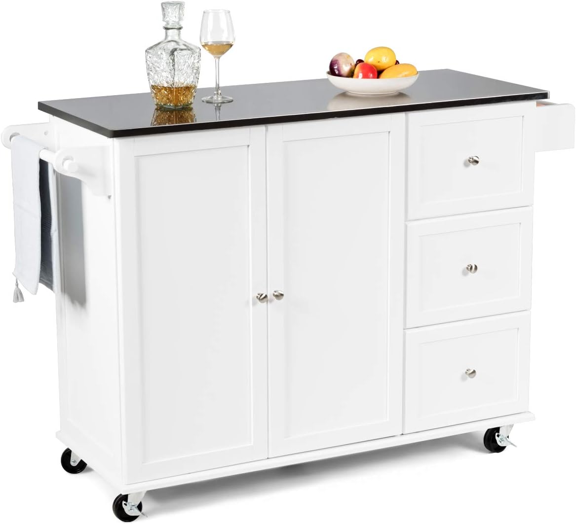 Giantex Kitchen Island with Stainless Steel Countertop, Kitchen Cart Rolling Trolley with Towel Holder and Spice Rack, 3 Drawers, Adjustable Shelves, 2-Door Cabinet, Ample Storage Table (White)