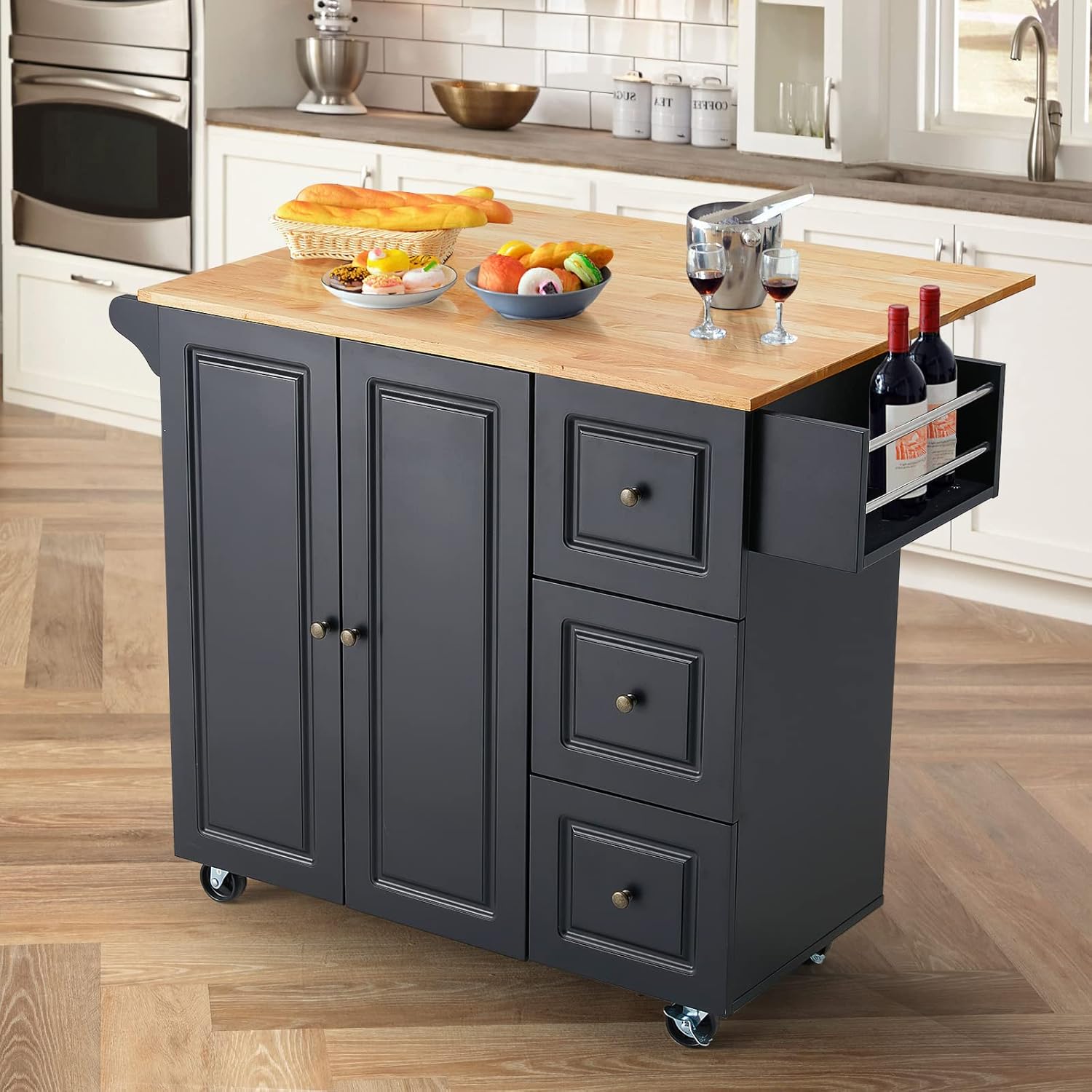 AVAWING Kitchen Island, Kitchen Storage Islands & Carts Island Table for Kitchen with Drop-Leaf Rubber Wood Tabletop, 2 Drawers, Lockable Wheels, Towel Rack, Spice Rack for Dining Room, Black