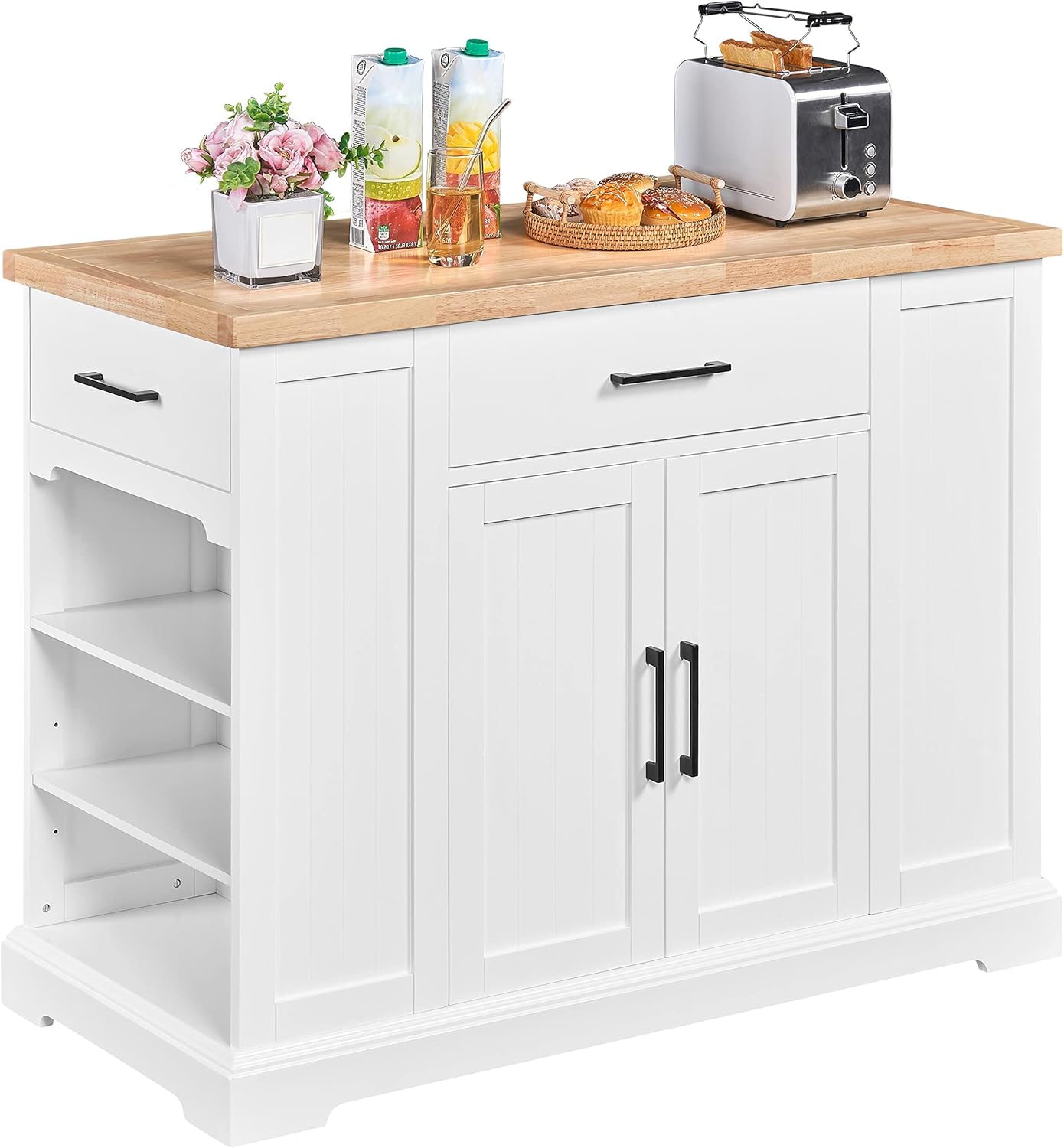Yaheetech Rolling Kitchen Island Cart with 3 Drawers, Kitchen Storage Cabinet on Wheels with Open Shelves and Inner Adjustable Shelves for Dining Room/Living Room, Thicker Rubberwood Top, White