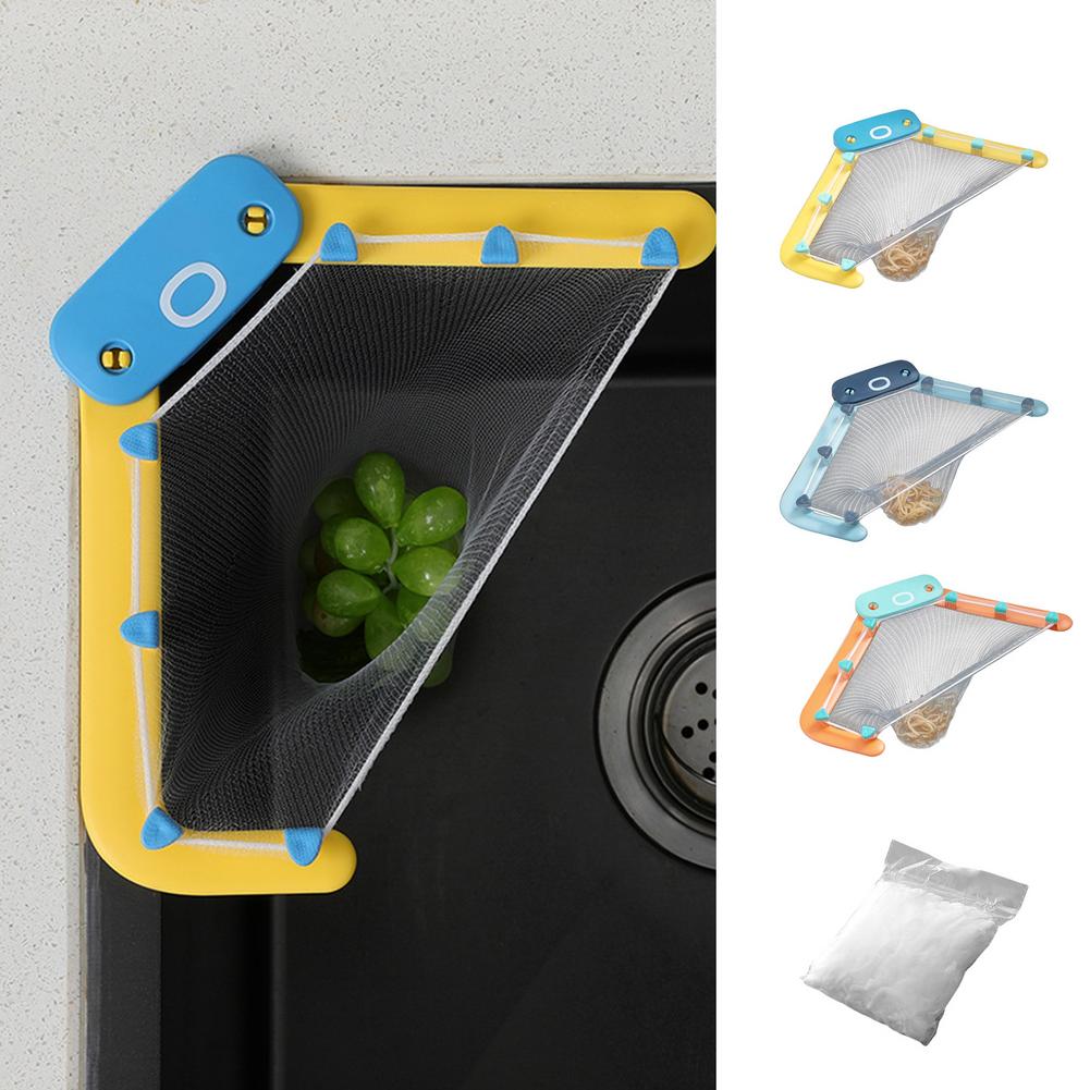 Kitchen Sink strainer, Cute Octopus Triangle Tri-Holder Filter, Sink Fine Net hanging Mesh Bag,Hanging Net Drain Basket sink garbage storage rack(1 Holder + 100 PCS Filter Bags+1Nano tape) (Yellow)