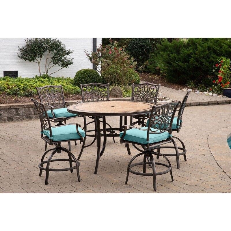 Bucci Round 6 - Person 56'' Long Aluminum Bar Height Dining Set with Cushions