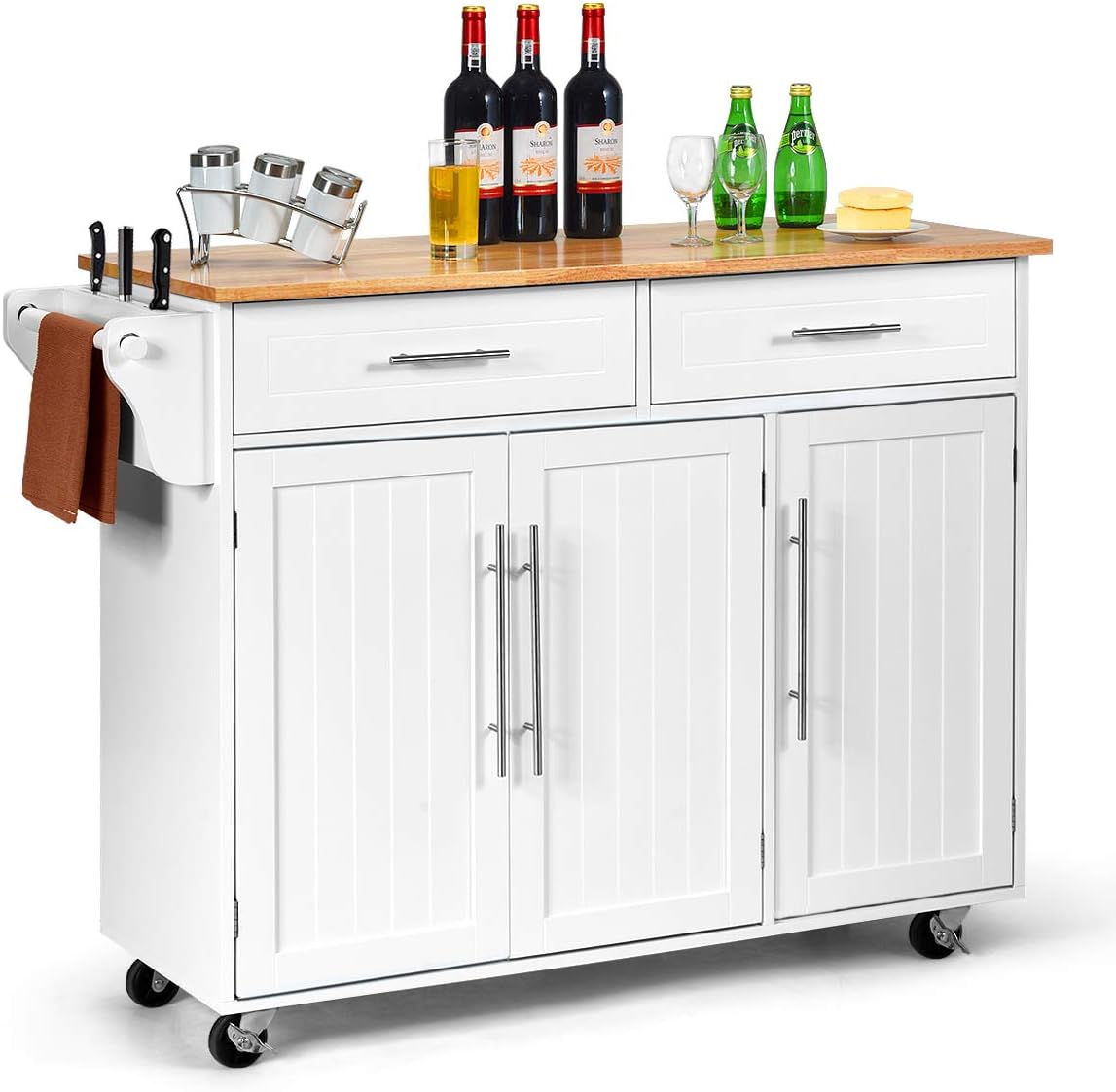 Giantex Kitchen Island Cart Rolling Storage Trolley Cart with Lockable Castors, 2 Drawers, 3 Door Cabinet, Towel Handle, Knife Block for Dining Room Restaurant Use (White)