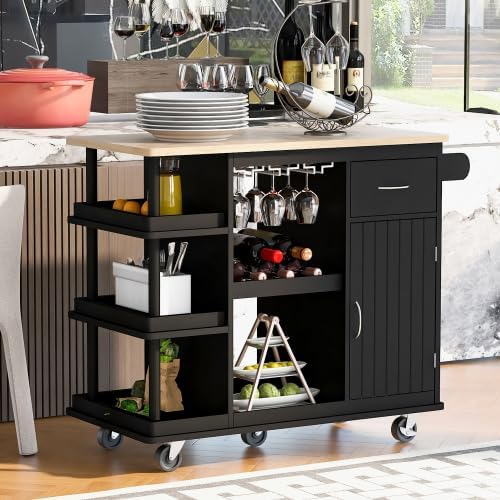 FridayParts Multipurpose Kitchen Cart Cabinet with Side Storage Shelves,Rubber Wood Top, Adjustable Storage Shelves, 5 Wheels, Kitchen Storage Island with Wine Rack for Dining Room, Home,Bar,Grey Blue