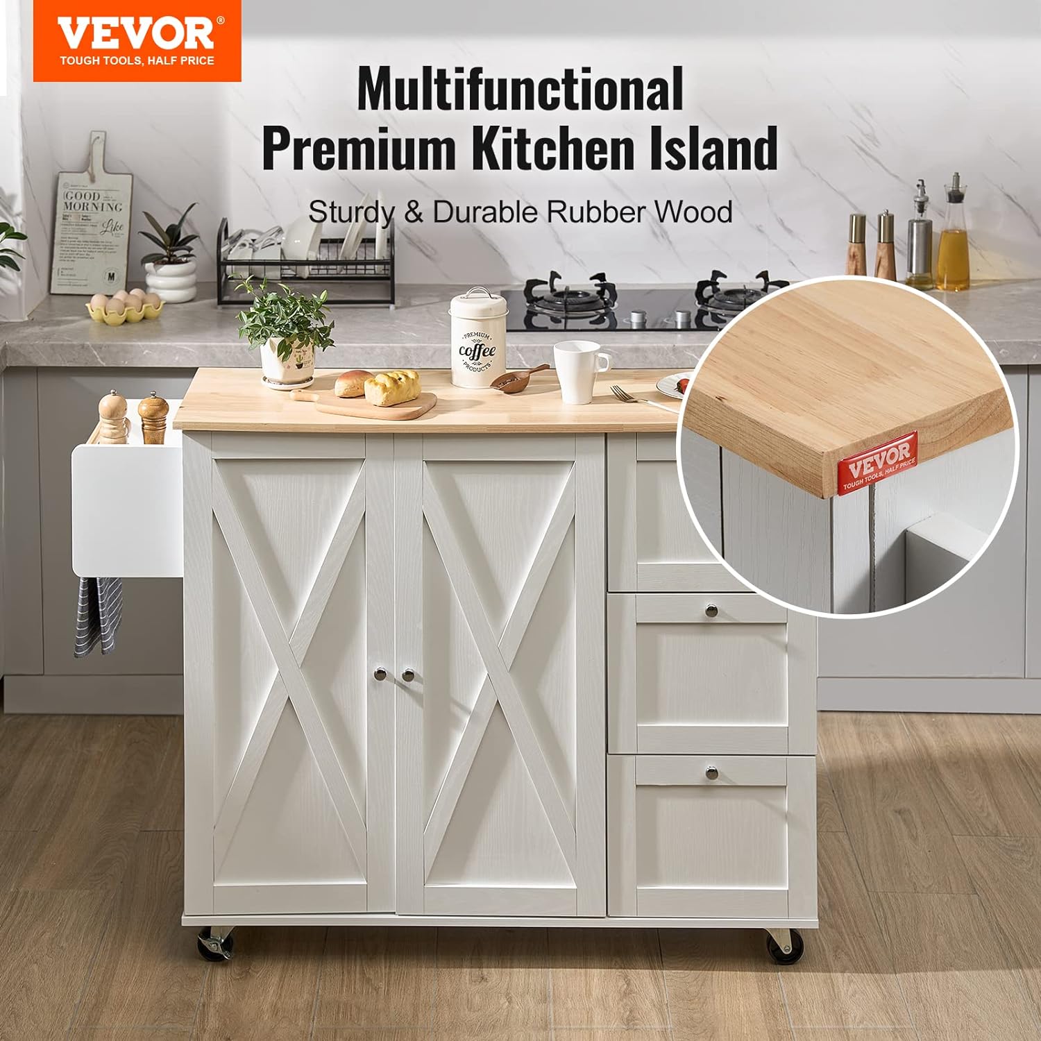 VEVOR Kitchen Island Cart with Solid Wood Top, 45.3