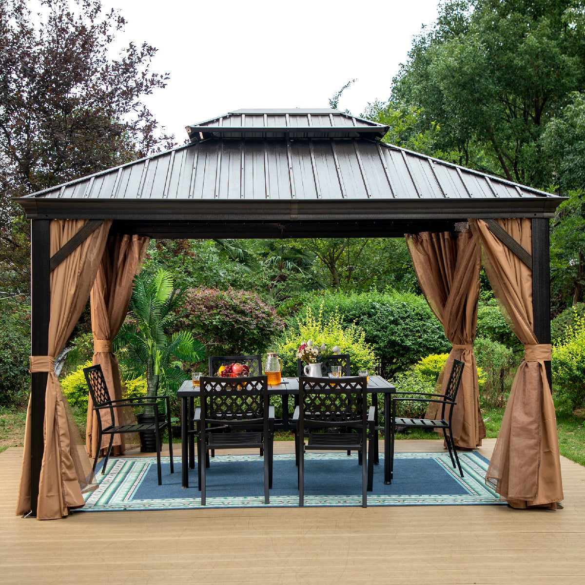 10' X 12' Outdoor Hardtop Gazebo Double Roof Canopy with Curtains and Netting
